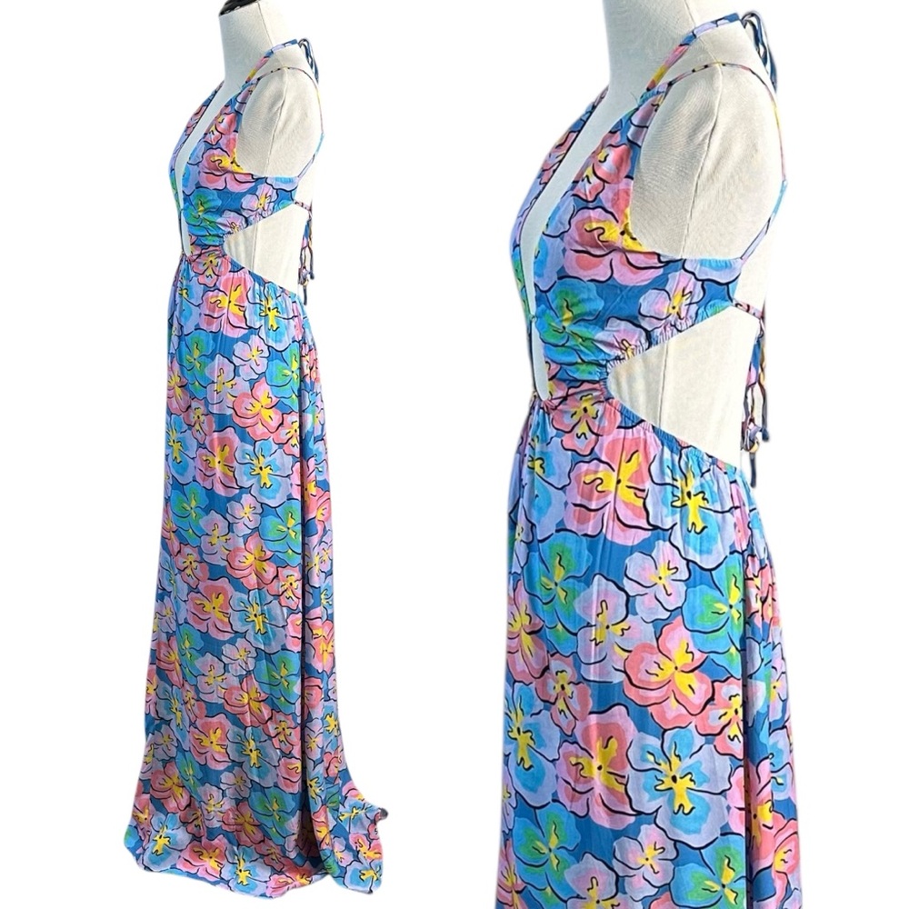 For Love & Lemons Yasmin Open Back Floral Maxi Dress XS Cut Out Plunge Summer - Picture 10 of 17